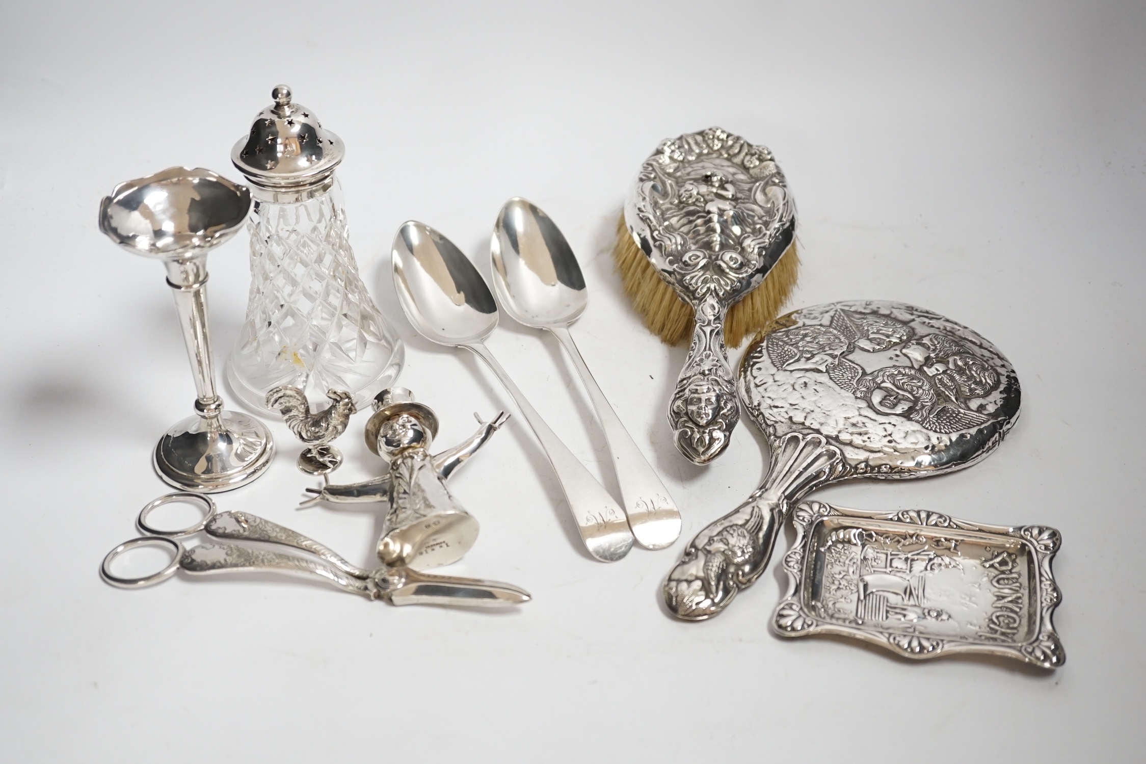 Sundry silver including a pair of George III silver Old English pattern table spoons, by Peter & William Bateman, a novelty silver ring-holder modelled as a scarecrow, a pair of grape shears, cockerel seal, small Mr. Pun